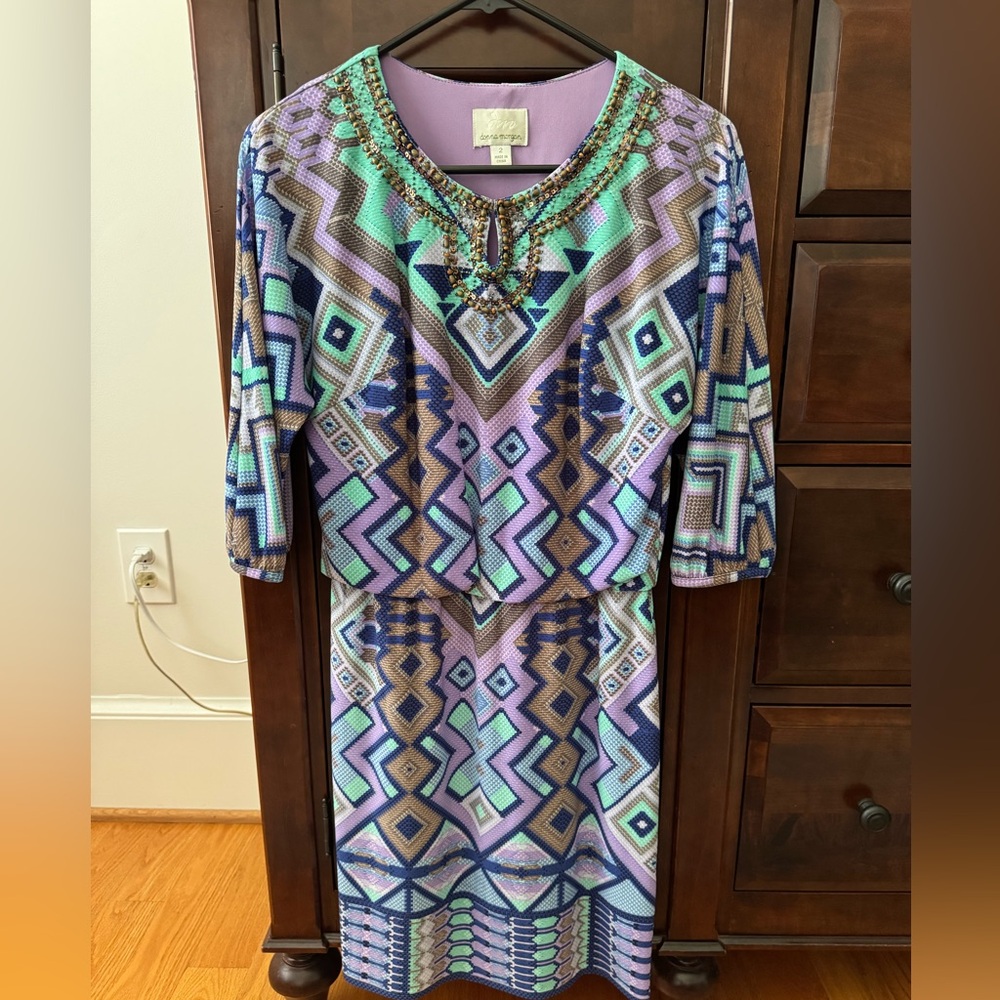 Donna Morgan Blue and Purple 3/4 Sleeve Dress